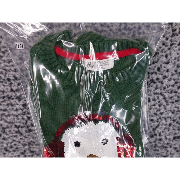 H&M Unisex Christmas Sweater Size 8 Green Snowman Penguins Sequins Long Sleeve - Picture 13 of 13